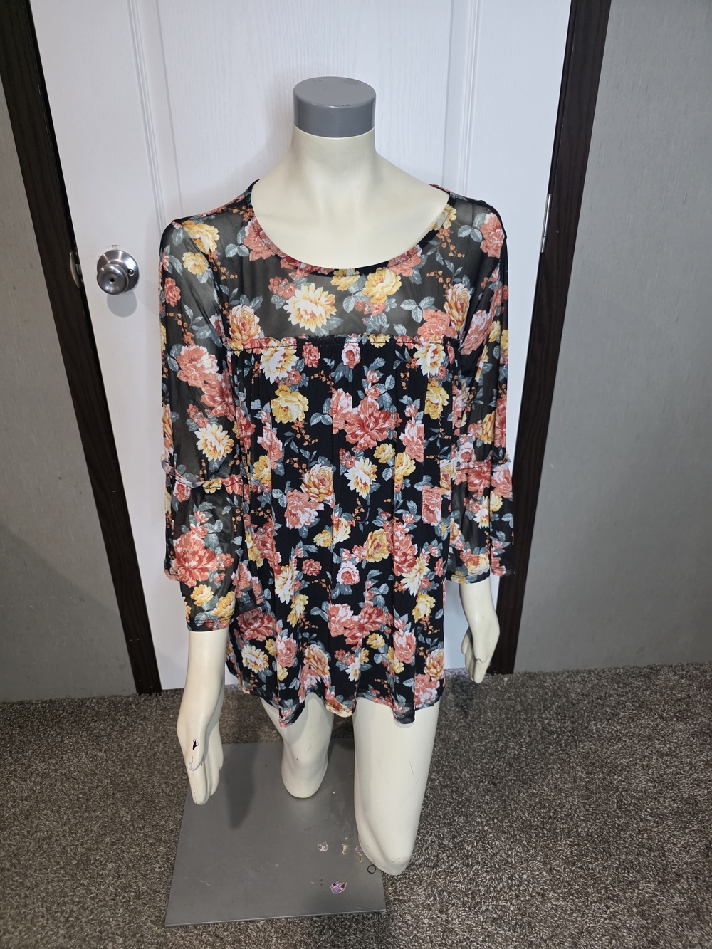 Bobbie Brooks Black Floral Sheer Peasant Blouse with Pink and Yellow Blooms